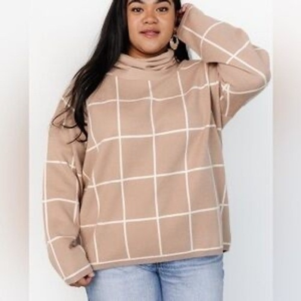 Baltic Born Tahoe Turtleneck Sweater Taupe Cream Grid Windowpane TAH-DR-57196-L